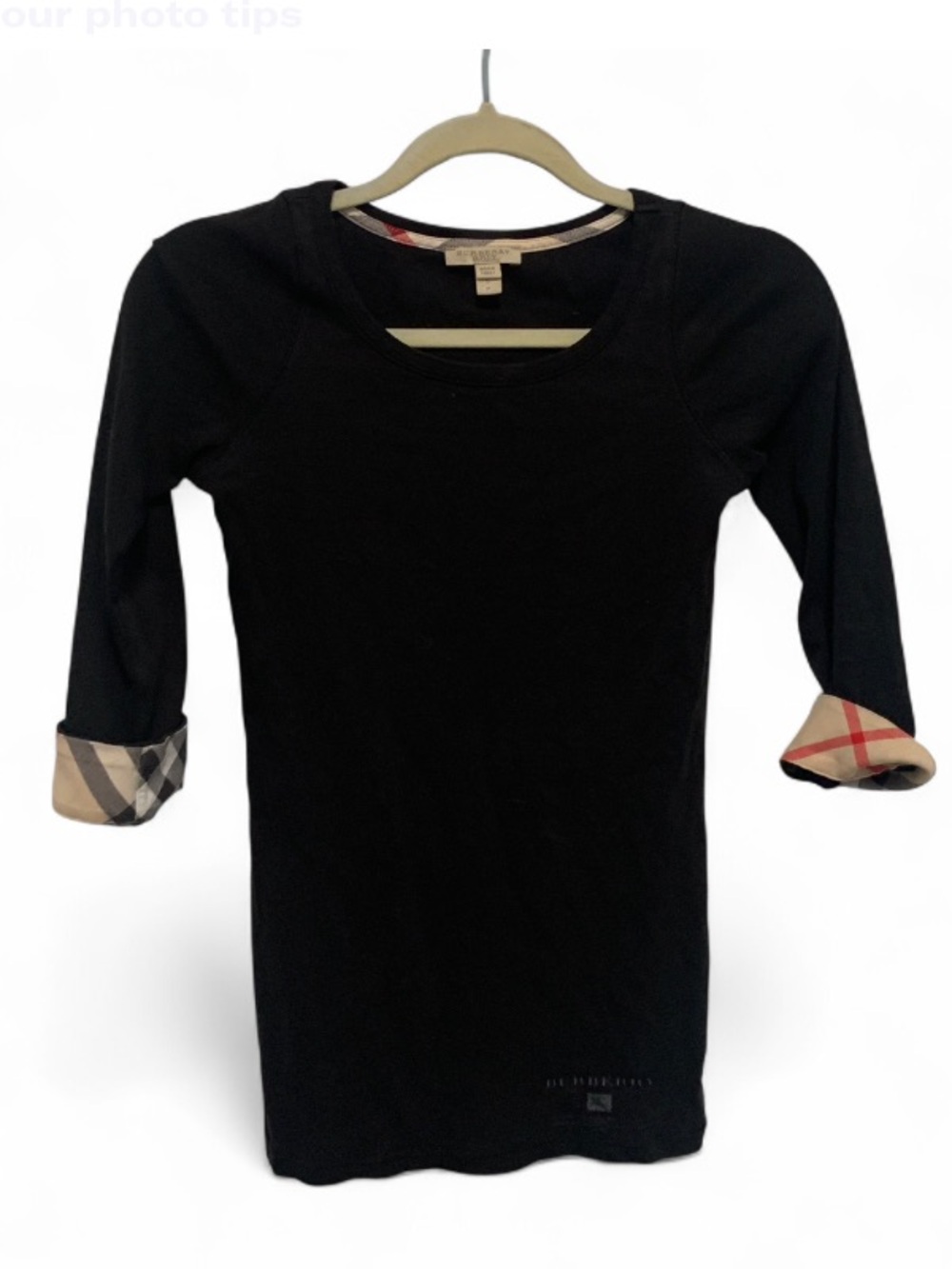 Burberry Brit Black Long-Sleeve Cotton Top with Signature Check Cuffs